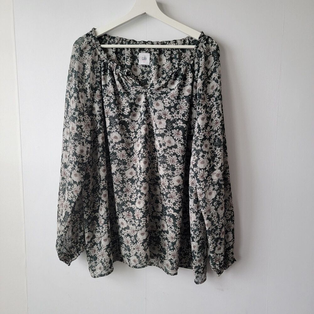 CAbi #3765 Peasant Blouse womens size L long Balloon sleeve Boho Green Floral